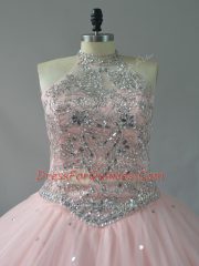 Superior Tulle Halter Top Sleeveless Beading 15th Birthday Dress in Pink