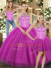 High Class Fuchsia Three Pieces Beading Vestidos de Quinceanera Lace Up Tulle Sleeveless Floor Length
