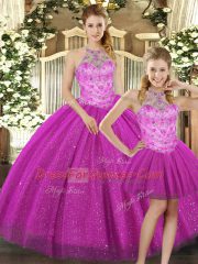 High Class Fuchsia Three Pieces Beading Vestidos de Quinceanera Lace Up Tulle Sleeveless Floor Length