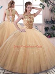Glittering Gold Sleeveless Tulle Lace Up Quinceanera Dress for Military Ball and Sweet 16 and Quinceanera