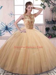 Glittering Gold Sleeveless Tulle Lace Up Quinceanera Dress for Military Ball and Sweet 16 and Quinceanera