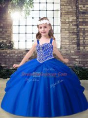 Sweet Royal Blue Straps Lace Up Beading Little Girl Pageant Dress Sleeveless