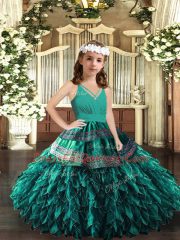 Turquoise Sleeveless Appliques and Ruffles Floor Length Evening Gowns