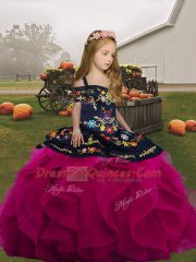 Fuchsia Sleeveless Embroidery and Ruffles Floor Length Kids Formal Wear
