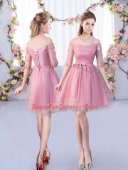 Pink Lace Up Quinceanera Dama Dress Appliques and Belt Half Sleeves Mini Length