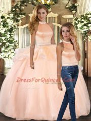 Fantastic Peach Halter Top Neckline Beading Sweet 16 Dresses Sleeveless Backless