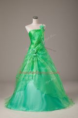 One Shoulder Sleeveless Quinceanera Dresses Floor Length Hand Made Flower Green Organza
