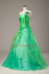 One Shoulder Sleeveless Quinceanera Dresses Floor Length Hand Made Flower Green Organza