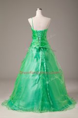 One Shoulder Sleeveless Quinceanera Dresses Floor Length Hand Made Flower Green Organza