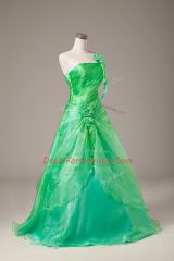 One Shoulder Sleeveless Quinceanera Dresses Floor Length Hand Made Flower Green Organza