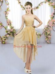 High Low Gold Court Dresses for Sweet 16 Chiffon Sleeveless Beading