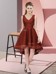 Rust Red Sleeveless Lace High Low Dama Dress for Quinceanera