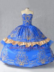 Charming Blue Lace Up Sweetheart Embroidery and Bowknot Quinceanera Gowns Satin and Organza Sleeveless