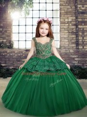 Straps Sleeveless Lace Up Kids Formal Wear Dark Green Tulle