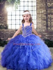 Trendy Blue Sleeveless Floor Length Beading and Ruffles Lace Up Pageant Gowns For Girls
