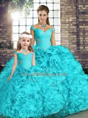 Aqua Blue Ball Gowns Organza Off The Shoulder Sleeveless Beading and Ruffles Floor Length Lace Up Quince Ball Gowns