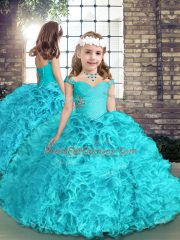 Aqua Blue Ball Gowns Organza Off The Shoulder Sleeveless Beading and Ruffles Floor Length Lace Up Quince Ball Gowns