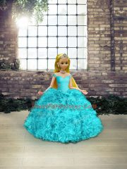 Aqua Blue Ball Gowns Organza Off The Shoulder Sleeveless Beading and Ruffles Floor Length Lace Up Quince Ball Gowns