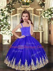 Customized Royal Blue Tulle Lace Up Straps Sleeveless Floor Length Pageant Gowns For Girls Embroidery