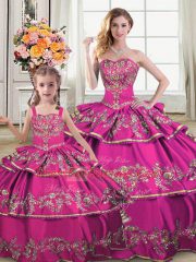 Charming Floor Length Fuchsia Sweet 16 Dress Satin and Organza Sleeveless Ruffled Layers