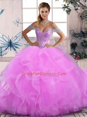 Perfect Lilac Quinceanera Dress Sweet 16 and Quinceanera with Beading and Ruffles Off The Shoulder Sleeveless Lace Up