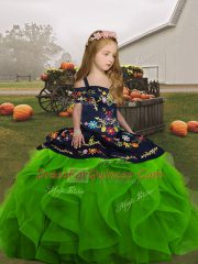 Green Sleeveless Embroidery and Ruffles Floor Length Little Girl Pageant Dress