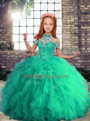 Elegant Turquoise Ball Gowns Tulle Halter Top Sleeveless Beading and Ruffles Floor Length Lace Up Pageant Dress Womens