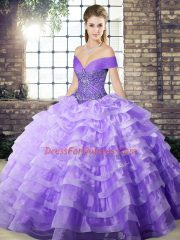 Sleeveless Organza Brush Train Lace Up 15 Quinceanera Dress in Lavender with Beading and Ruffled Layers