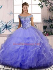 Fitting Sleeveless Floor Length Beading and Ruffles Lace Up Quinceanera Gown with Lavender