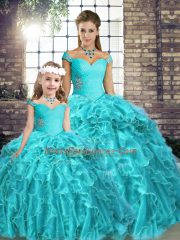 On Sale Off The Shoulder Sleeveless Ball Gown Prom Dress Brush Train Beading and Ruffles Aqua Blue Organza