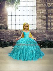 On Sale Off The Shoulder Sleeveless Ball Gown Prom Dress Brush Train Beading and Ruffles Aqua Blue Organza