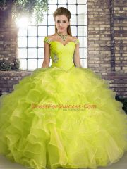 Dazzling Yellow Green Ball Gowns Off The Shoulder Sleeveless Organza Floor Length Lace Up Beading and Ruffles Quinceanera Dress