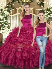 Dramatic Fuchsia 15th Birthday Dress Military Ball and Sweet 16 and Quinceanera with Ruffles Scoop Sleeveless Lace Up