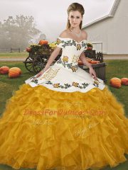 High End Embroidery and Ruffles Quinceanera Dresses Gold Lace Up Sleeveless Floor Length