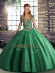 Fantastic Green Tulle Lace Up Ball Gown Prom Dress Sleeveless Floor Length Beading and Appliques