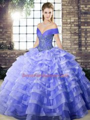 Fashion Lace Up Ball Gown Prom Dress Lavender for Military Ball and Sweet 16 and Quinceanera with Beading and Ruffled Layers Brush Train