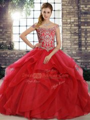 Red Lace Up Off The Shoulder Beading and Ruffles Ball Gown Prom Dress Tulle Sleeveless Brush Train