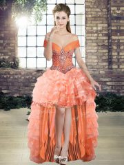 Charming Orange Organza Lace Up Off The Shoulder Sleeveless High Low Prom Gown Beading and Ruffled Layers