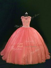 Sleeveless Floor Length Beading and Lace Lace Up Ball Gown Prom Dress with Orange