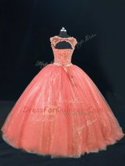 Sleeveless Floor Length Beading and Lace Lace Up Ball Gown Prom Dress with Orange
