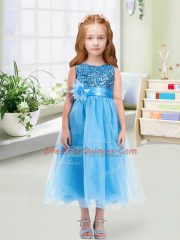 Cheap Sleeveless Tea Length Sequins and Hand Made Flower Zipper Toddler Flower Girl Dress with Baby Blue