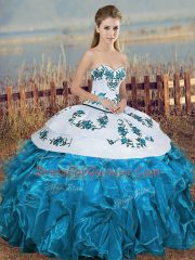 Chic Organza Sweetheart Sleeveless Lace Up Embroidery and Ruffles and Bowknot Quinceanera Gowns in Blue And White