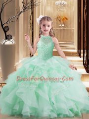 Apple Green Sleeveless Floor Length Beading and Ruffles Lace Up Little Girls Pageant Dress