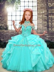 Aqua Blue Ball Gowns Beading and Ruffles Little Girl Pageant Gowns Lace Up Organza Sleeveless Floor Length
