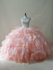 Gorgeous Peach Zipper 15th Birthday Dress Beading and Ruffles Sleeveless Floor Length