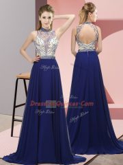 Royal Blue Halter Top Neckline Beading Prom Evening Gown Sleeveless Backless
