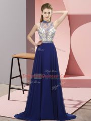 Royal Blue Halter Top Neckline Beading Prom Evening Gown Sleeveless Backless