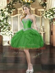 Green Tulle Lace Up Dress for Prom Sleeveless Mini Length Beading and Ruffles