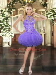 Lavender Halter Top Neckline Beading and Ruffles Sleeveless Lace Up