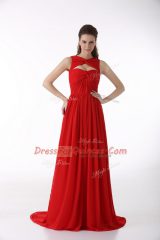 Red Chiffon Zipper Evening Dress Sleeveless Brush Train Ruching